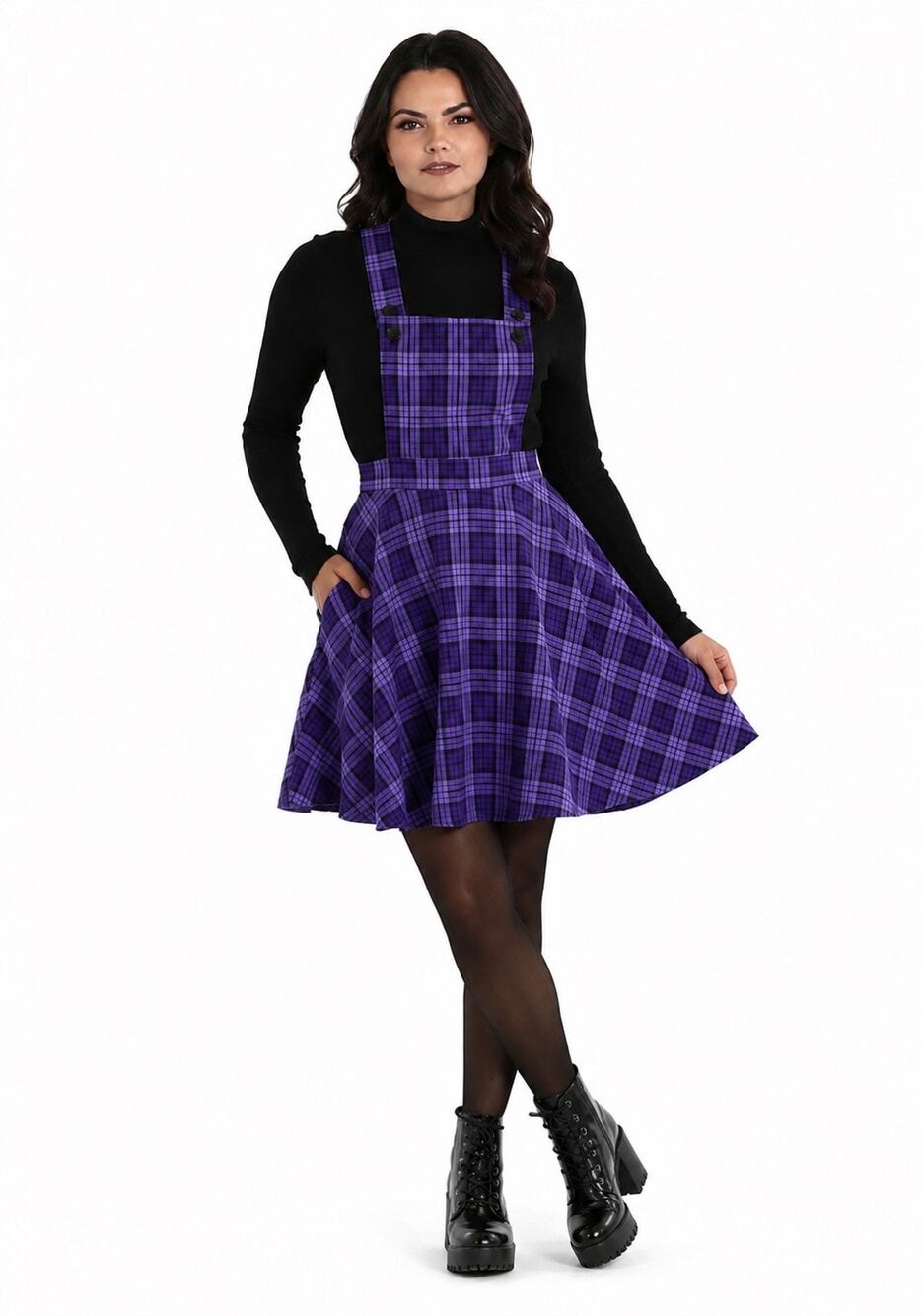 Hell Bunny Kennedy Pinafore Plaid Swing Dress Women's Small Purple Goth Punk Emo